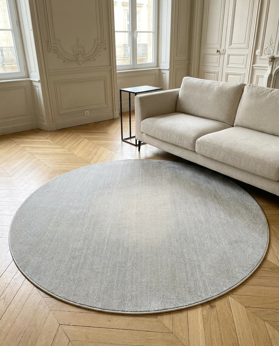 Tapis rond gris chiné dans une pièce en situation
