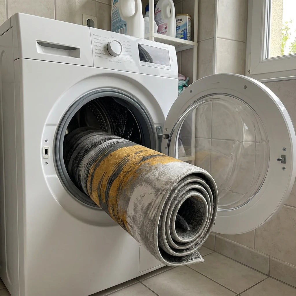 Tapis rond gris doré roulé dans le tambour de la machine à laver, cycle délicat