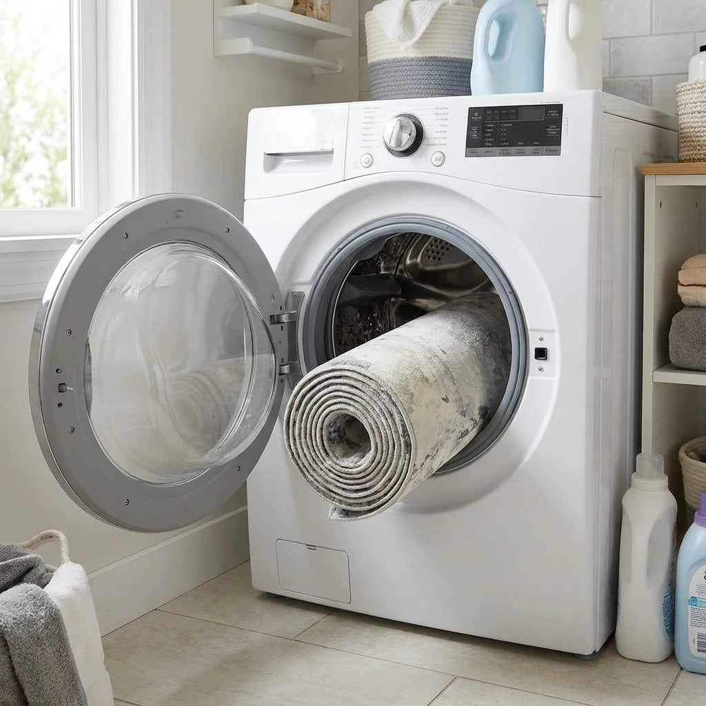 Tapis rond gris nuagé roulé dans le tambour de la machine à laver, cycle délicat