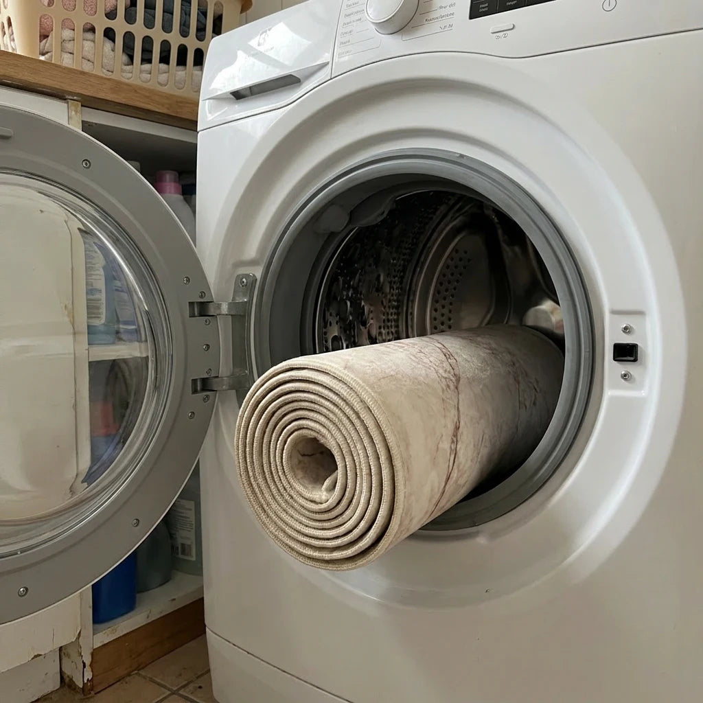 Tapis rond marbre écru roulé dans le tambour de la machine à laver, cycle délicat