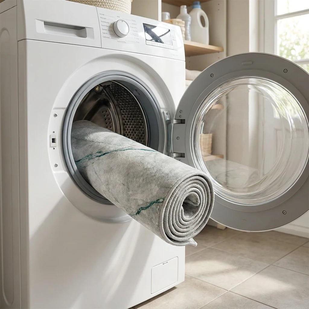 Tapis rond marbre gris roulé dans le tambour de la machine à laver, cycle délicat