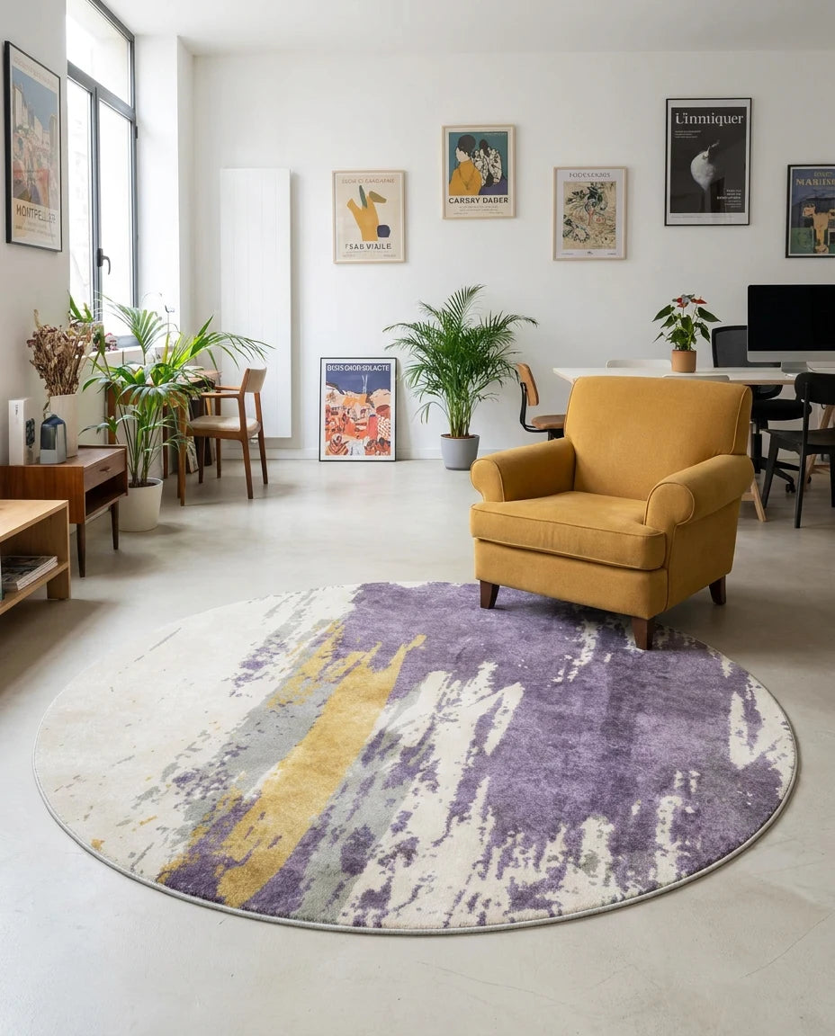 Tapis rond violet et jaune dans une pièce en situation