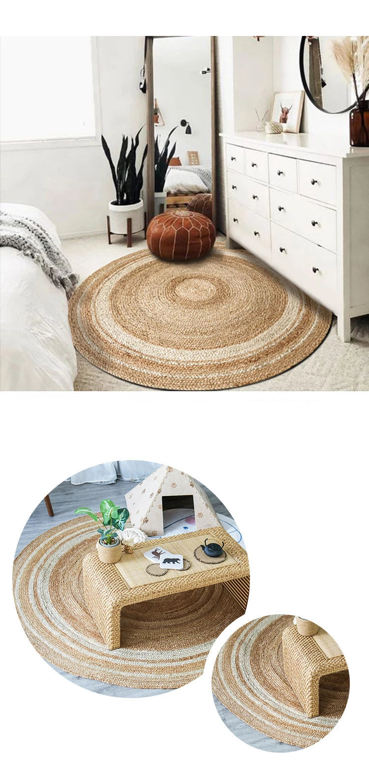 Tapis rond en jute naturel dans une chambre avec commode blanche, pouf et grand miroir
