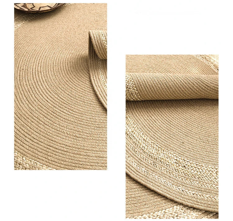 Détail rapproché de la souplesse de la fibre du tapis rond en jute naturel