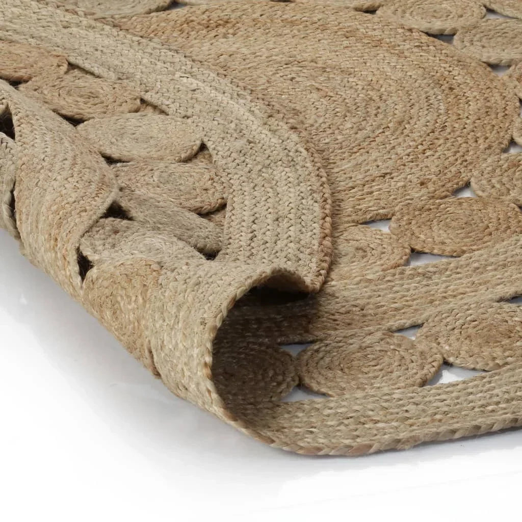 Tapis rond jute tressé main motif rosace bord roulé