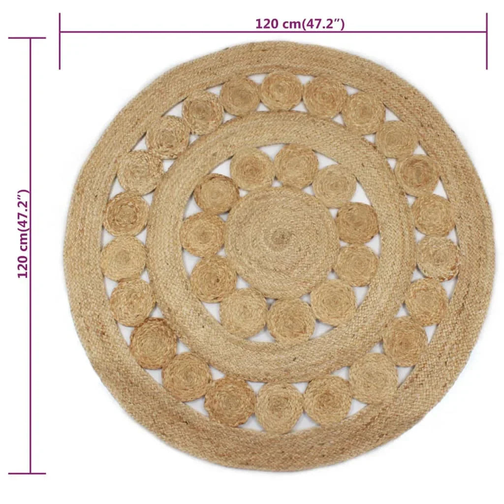 Tapis rond jute tressé main motif rosace détail bordure