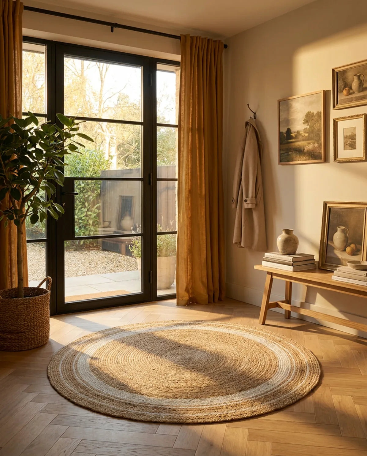 Tapis rond jute tressé main bicolore dans une entrée au soleil, devant une porte vitrée