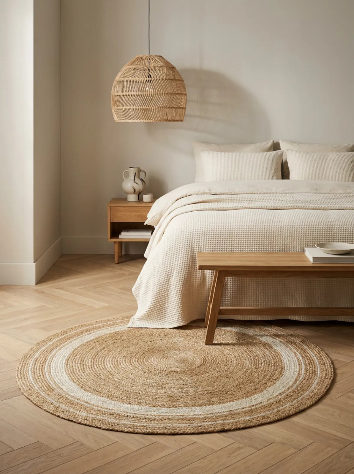 Tapis rond jute tressé main bicolore dans une chambre lumineuse