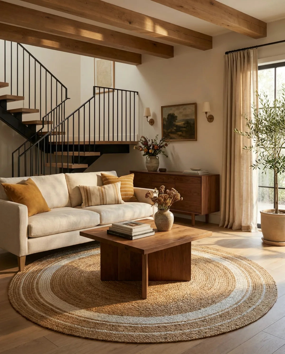 Tapis rond jute tressé main bicolore sous une table basse en bois, dans un grand salon avec escalier
