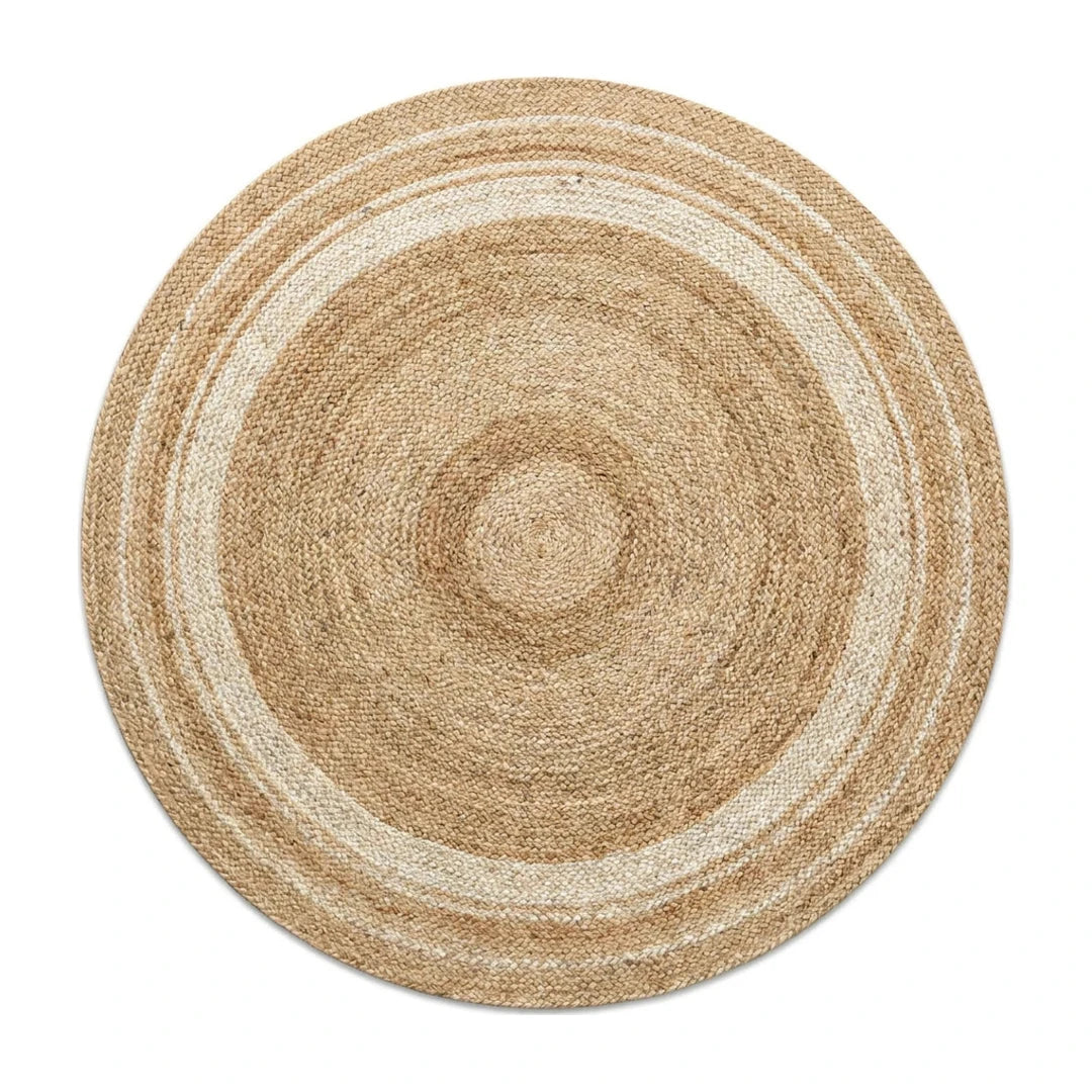 Tapis rond jute tressé main bicolore, vue de dessus sur fond blanc