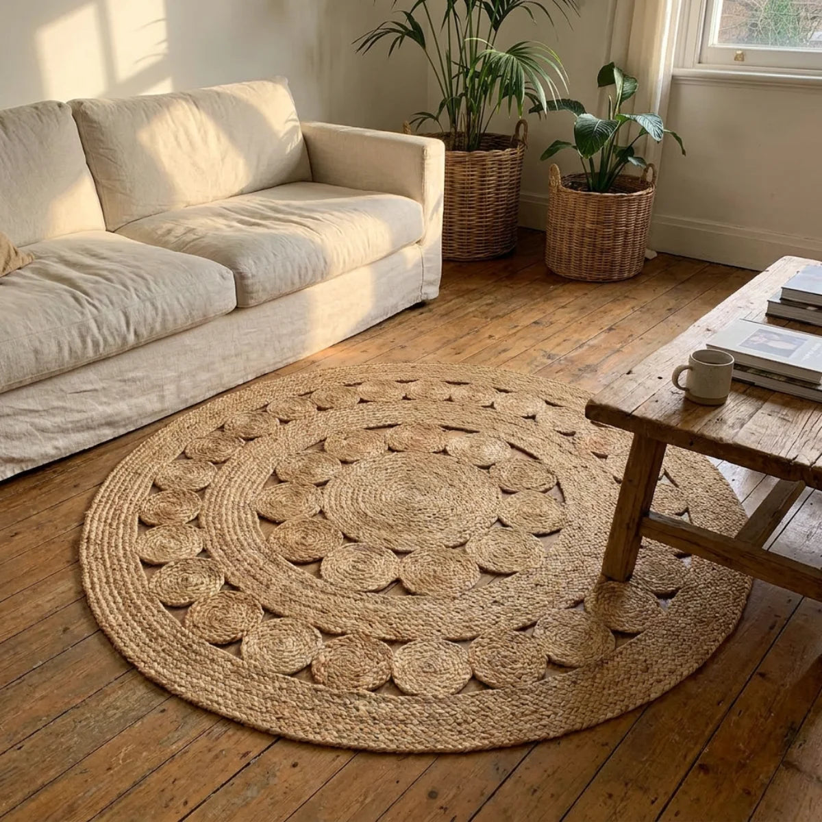 Tapis rond jute tressé main motif rosace posé dans un salon