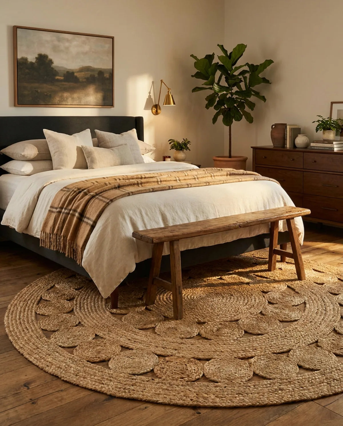 Tapis rond jute tressé main motif rosace dépassant sous le lit, banc en bois posé dessus