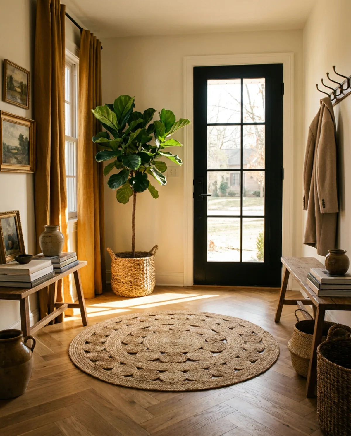 Tapis rond jute tressé main motif rosace dans une entrée au soleil, devant une porte vitrée