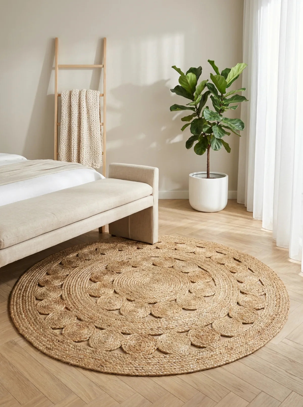 Tapis rond jute tressé main motif rosace dans une chambre lumineuse