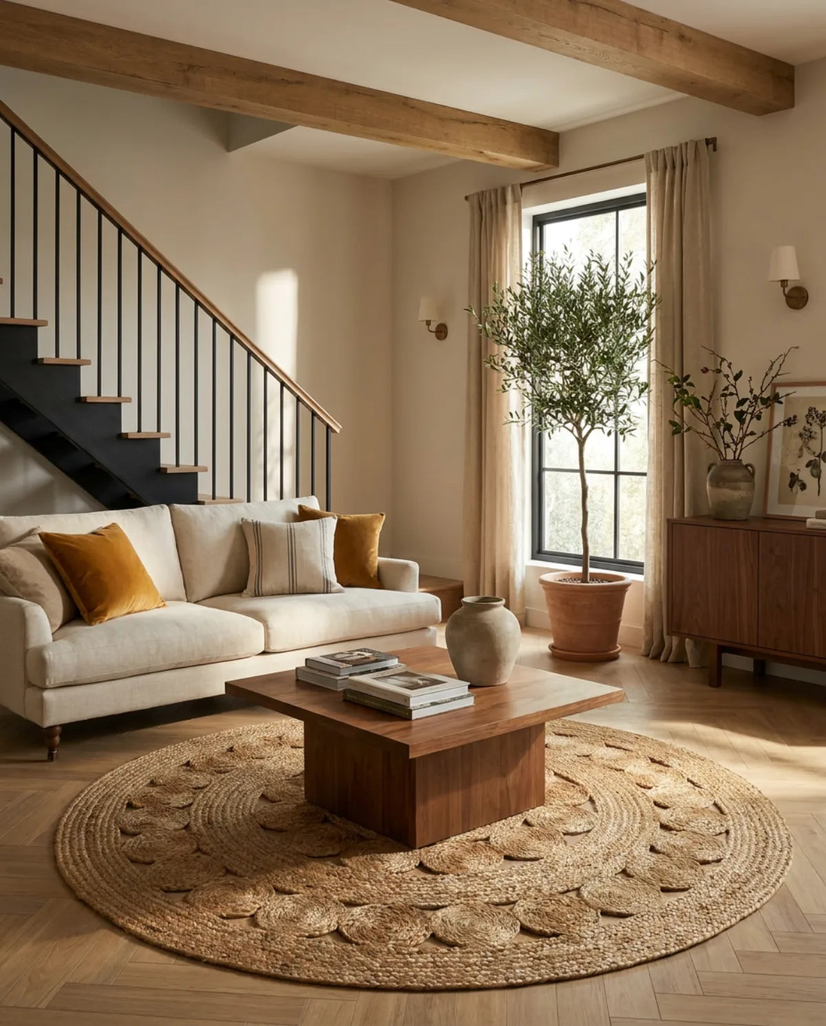 Tapis rond jute tressé main motif rosace sous une table basse en bois, dans un grand salon avec escalier