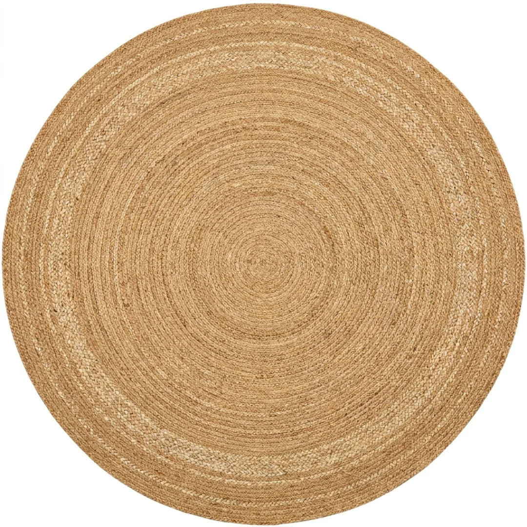 Tapis rond jute tressé main naturel, vue de dessus sur fond blanc