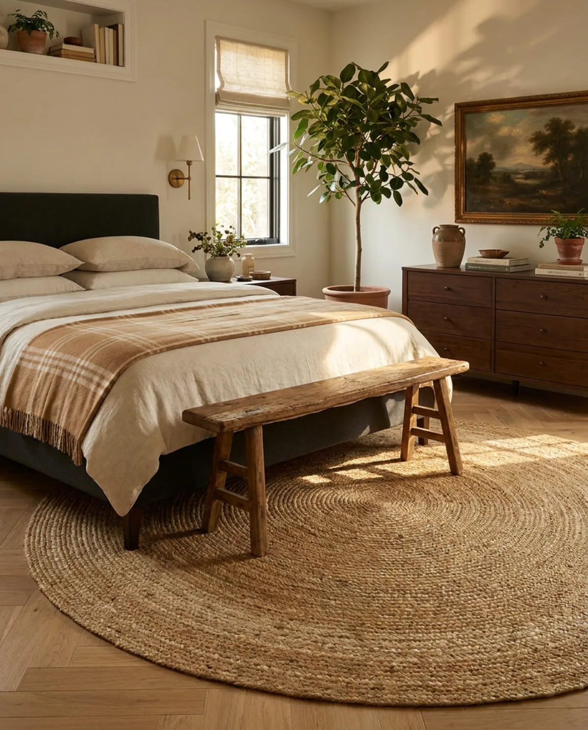Tapis rond jute tressé main naturel dépassant sous le lit, banc en bois posé dessus