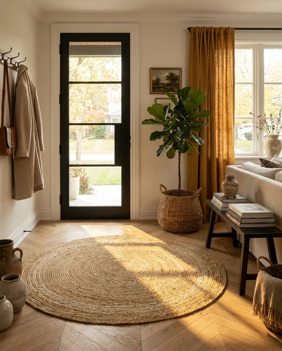 Tapis rond jute tressé main naturel dans une entrée au soleil, devant une porte vitrée