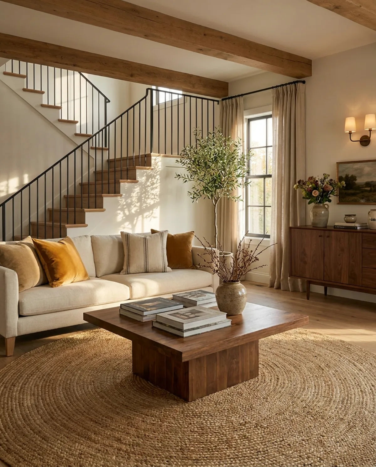 Tapis rond jute tressé main naturel sous une table basse en bois, dans un grand salon avec escalier