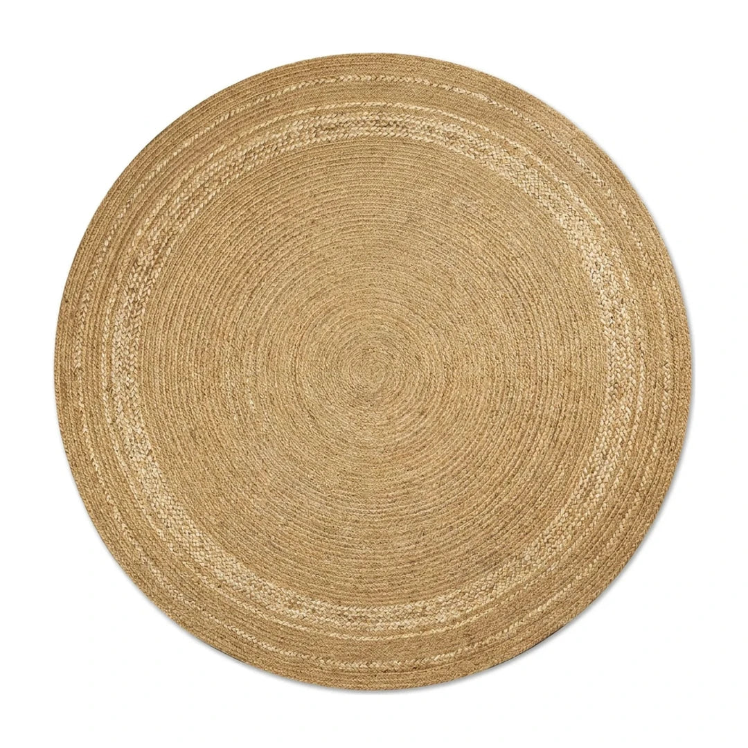Tapis rond jute tressé main naturel, vue de dessus sur fond blanc