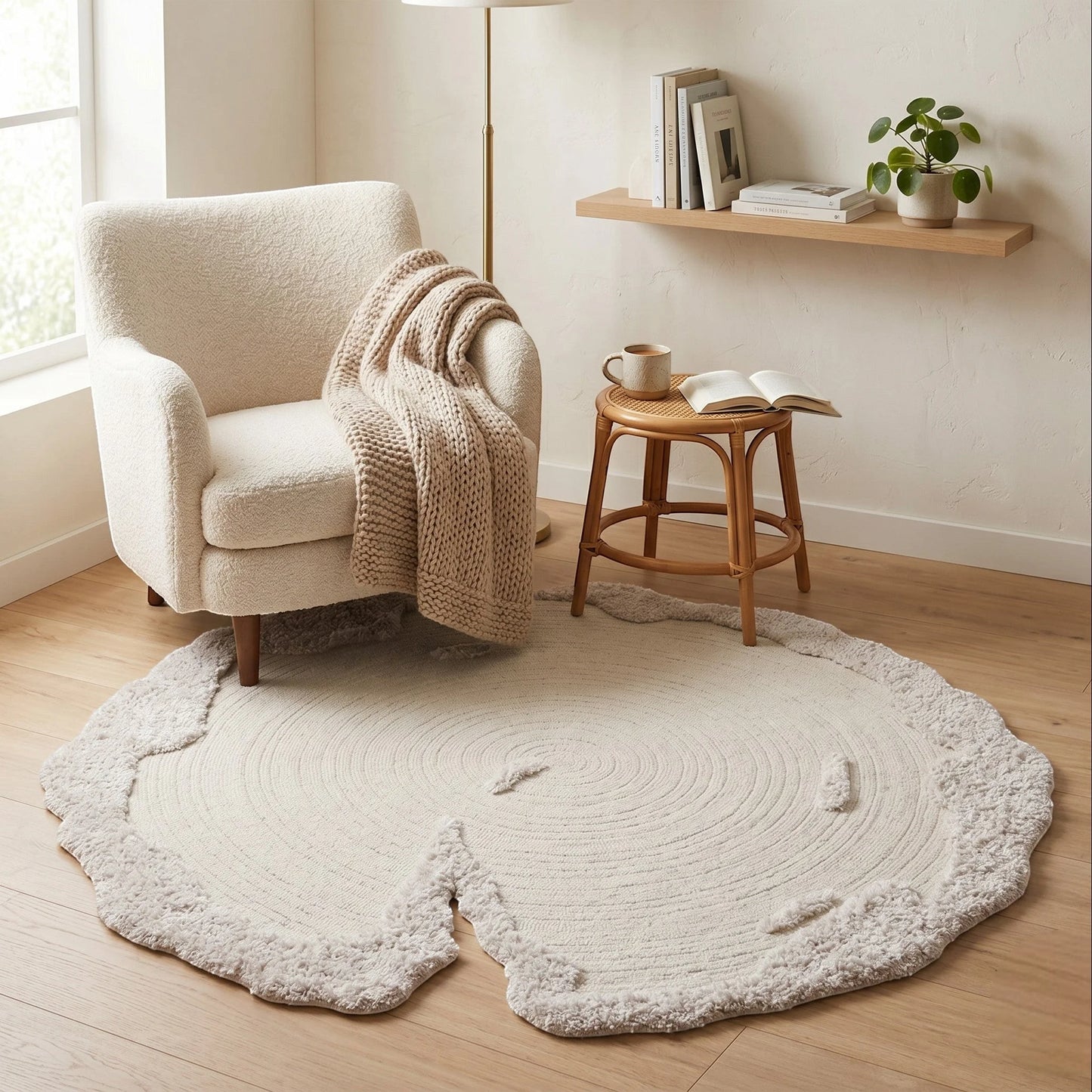 Tapis rond laine écru bords organiques dans un coin lecture scandinave avec fauteuil bouclé