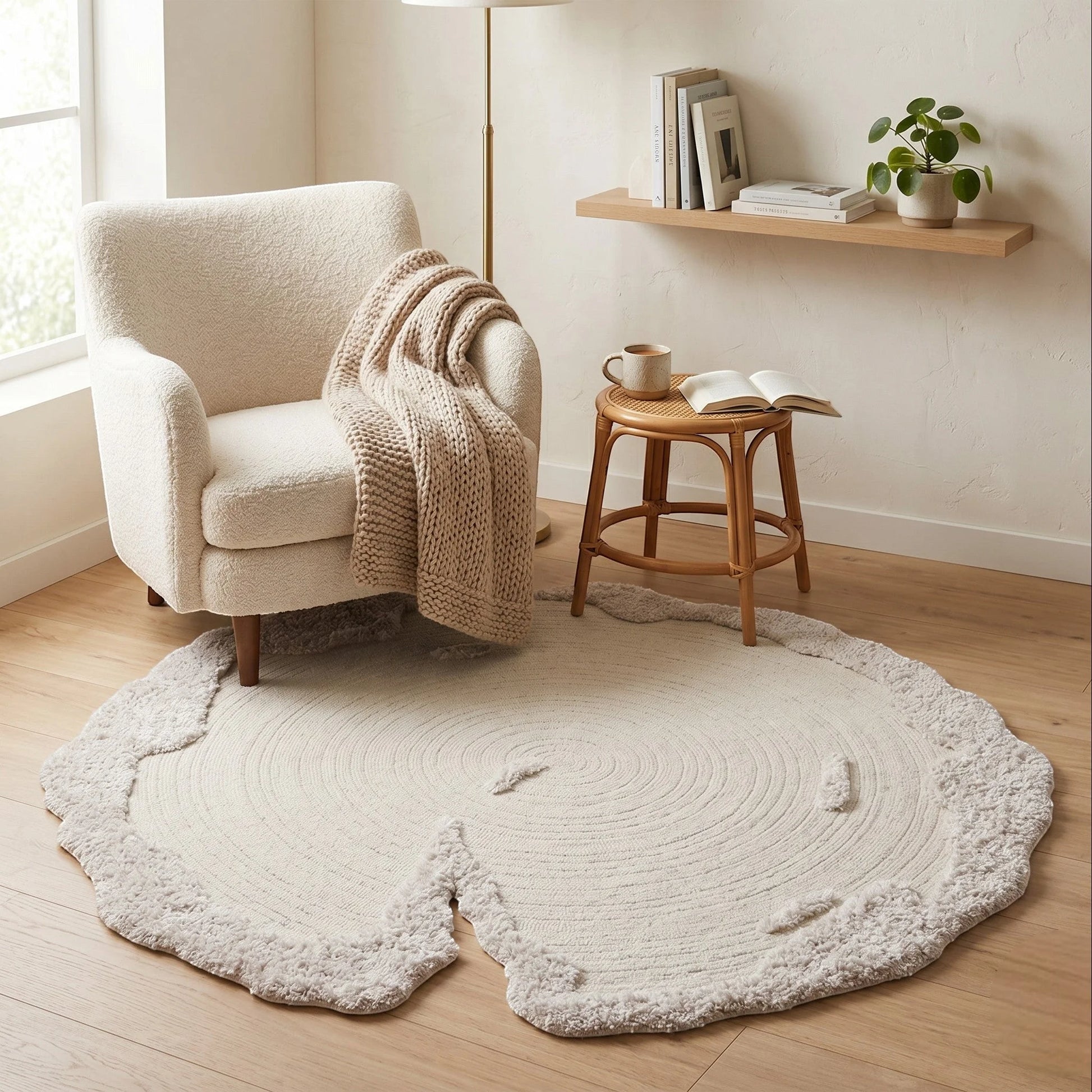 Tapis rond laine écru bords organiques dans un coin lecture scandinave avec fauteuil bouclé