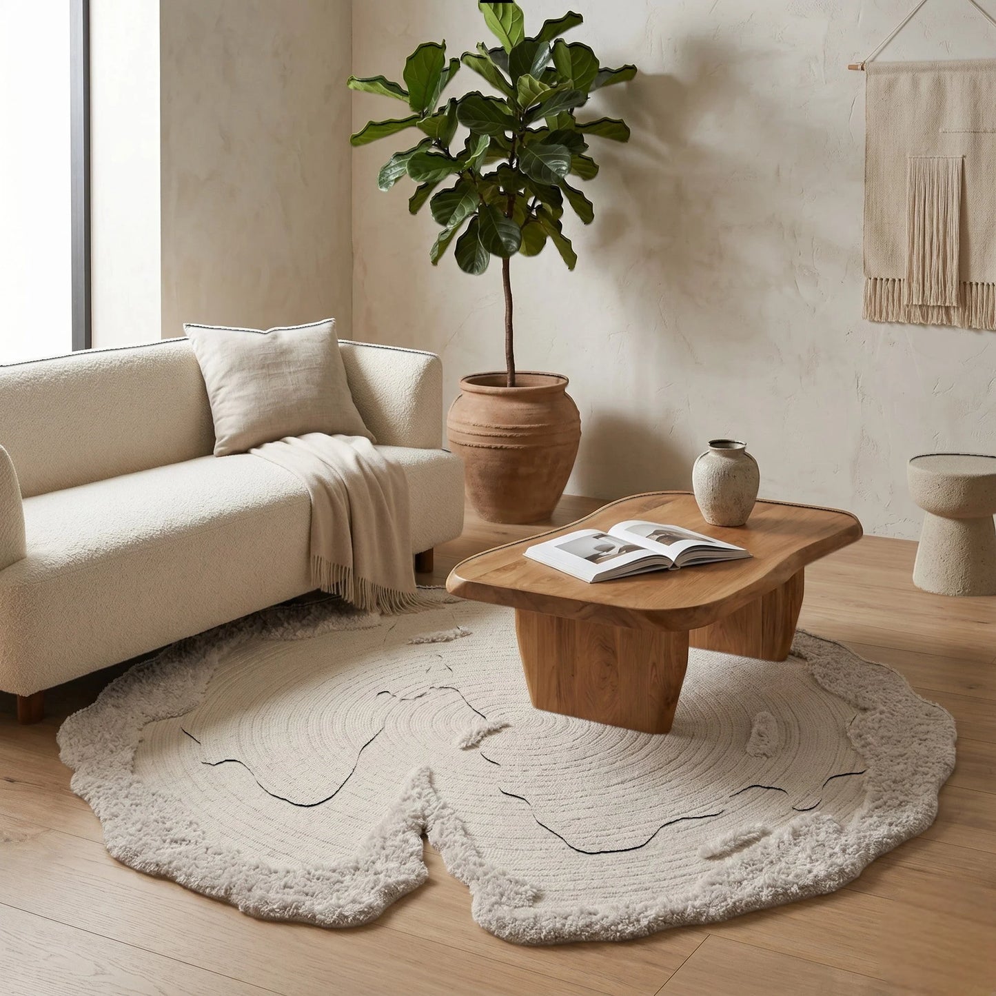 Rendu du tapis rond laine écru bords organiques en lumière naturelle