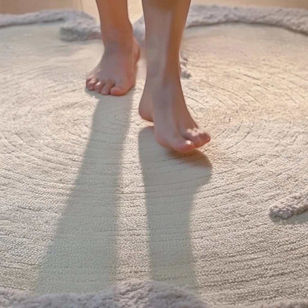 Rendu mat du tapis rond laine écru bords organiques sur parquet bois clair
