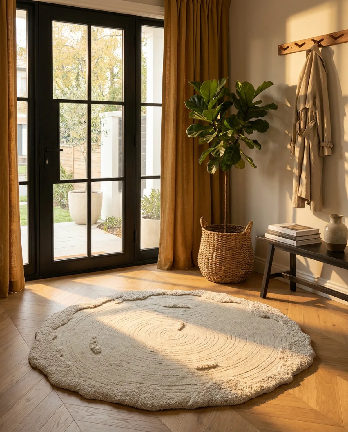 Tapis rond laine fais main dans une entrée au soleil, devant une porte vitrée
