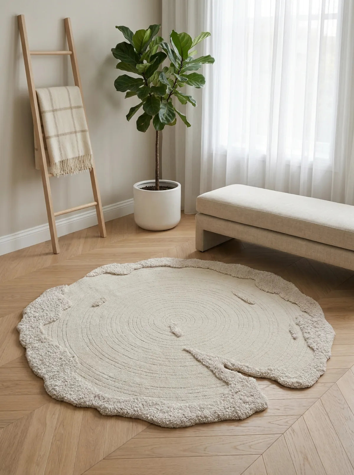Tapis rond laine fais main dans une chambre lumineuse