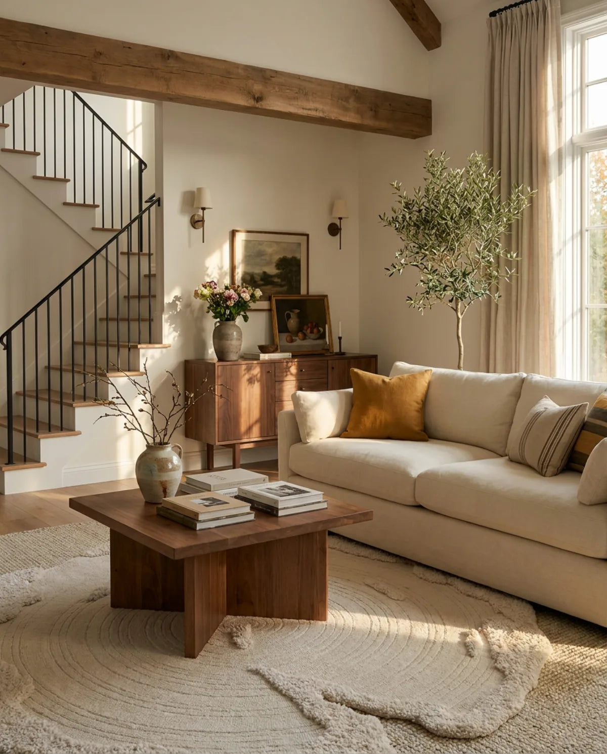 Tapis rond laine fais main sous une table basse en bois, dans un grand salon avec escalier