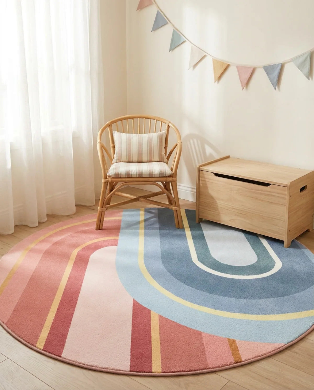 Tapis rond lavable en machine arcs pastel rose et bleu dans une chambre d'enfant douce