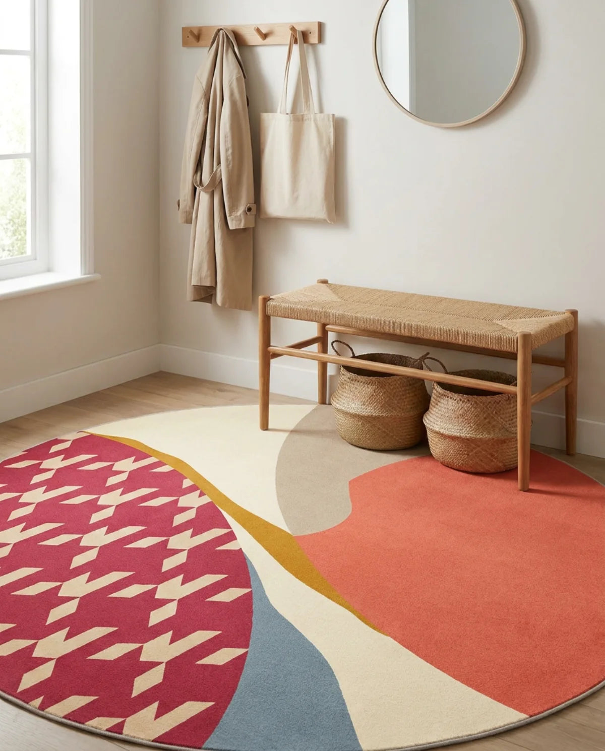 Tapis rond lavable en machine patchwork corail sous un banc d'entrée en bois