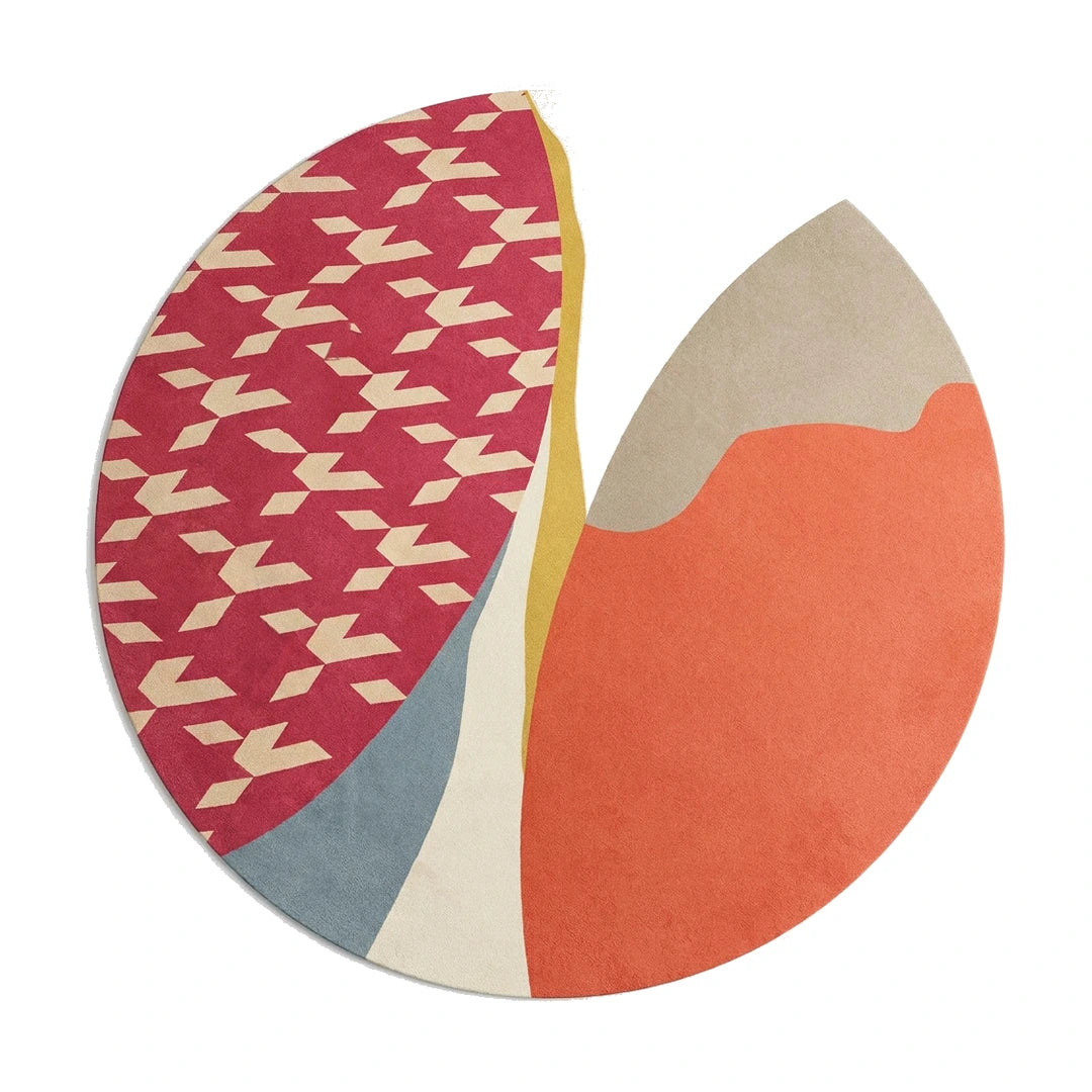 Tapis rond lavable patchwork corail, vue de dessus sur fond blanc