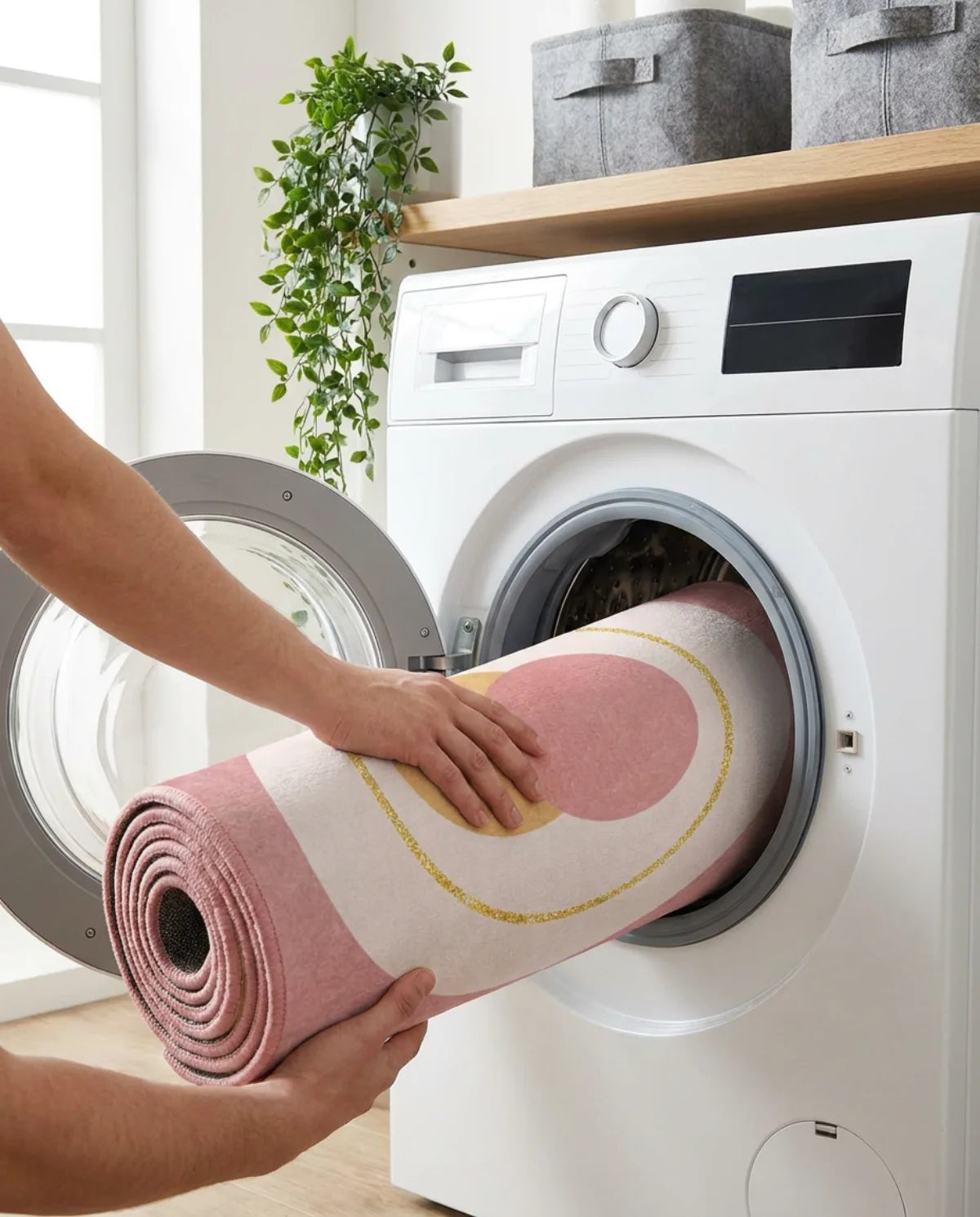 Tapis rond lavable glissé dans le tambour d'une machine à laver