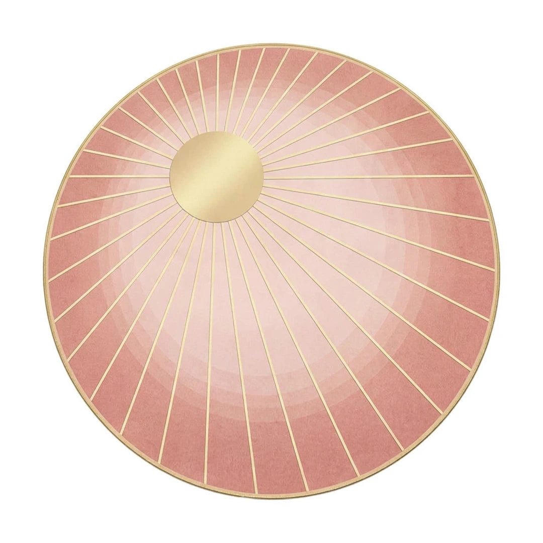 Tapis rond lavable rose rayons de soleil, vue de dessus sur fond blanc