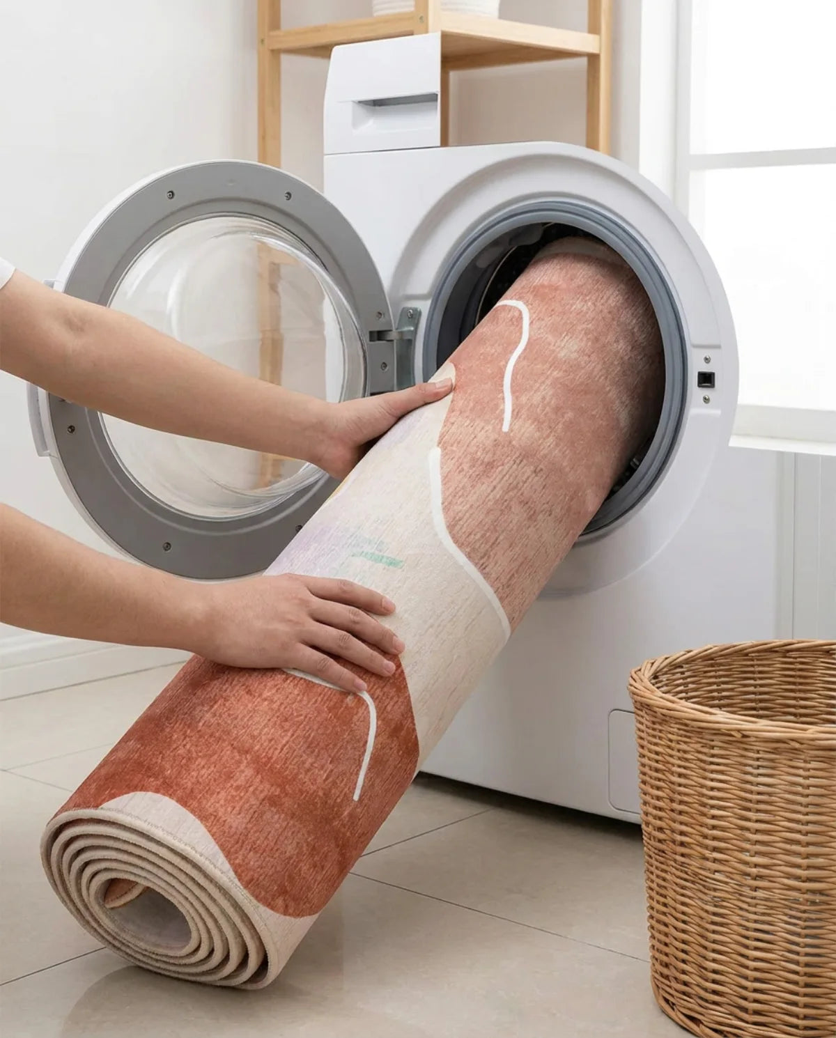 Tapis rond lavable glissé dans le tambour d'une machine à laver