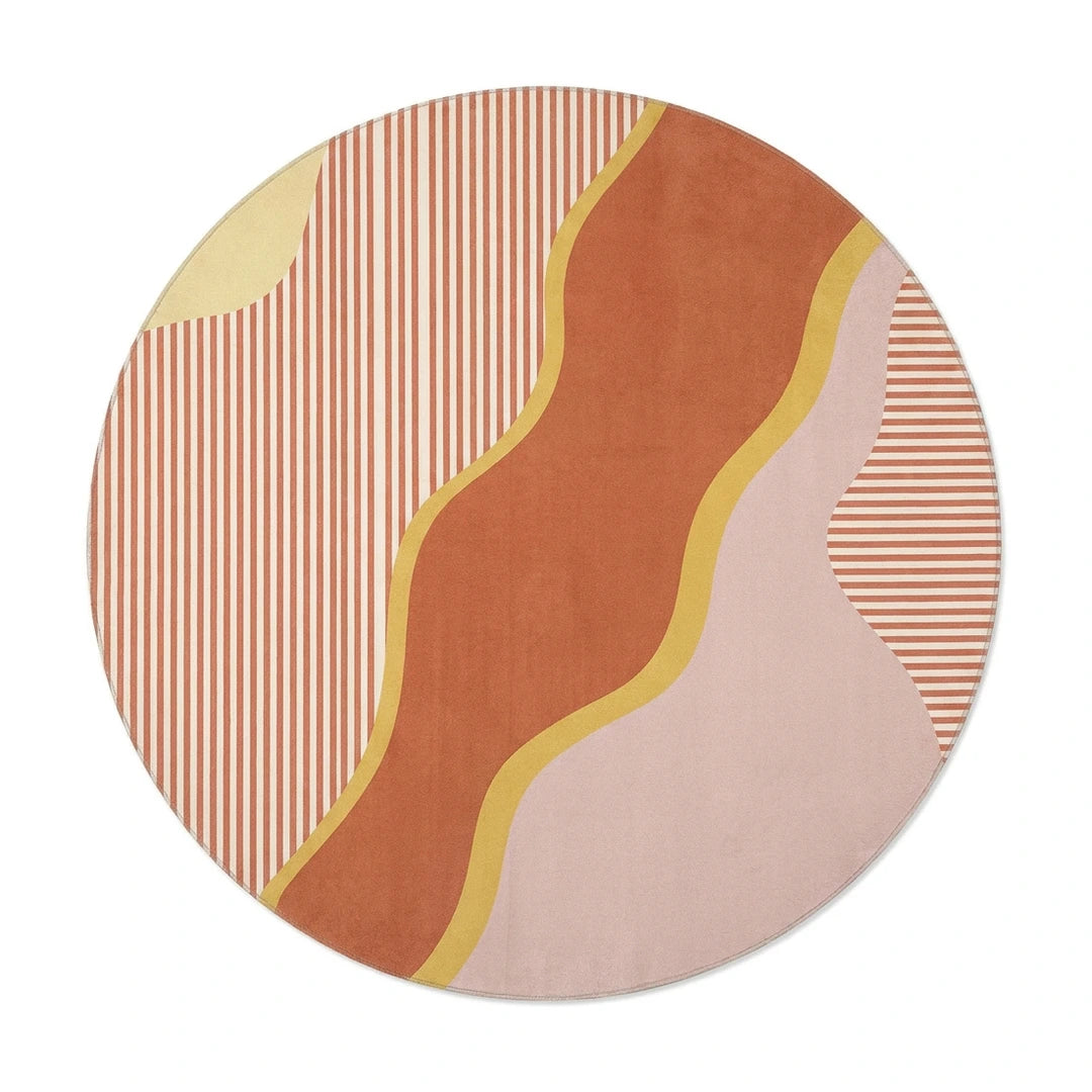 Tapis rond lavable vagues terracotta, vue de dessus sur fond blanc