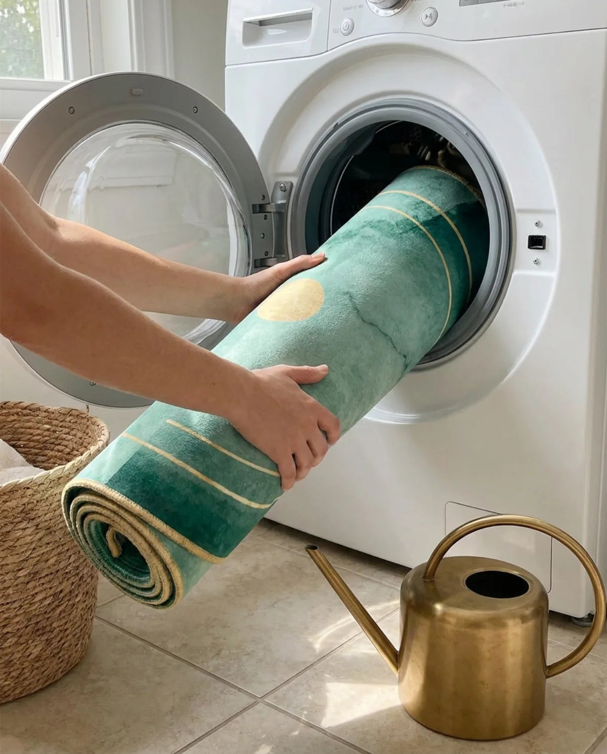 Tapis rond lavable glissé dans le tambour d'une machine à laver