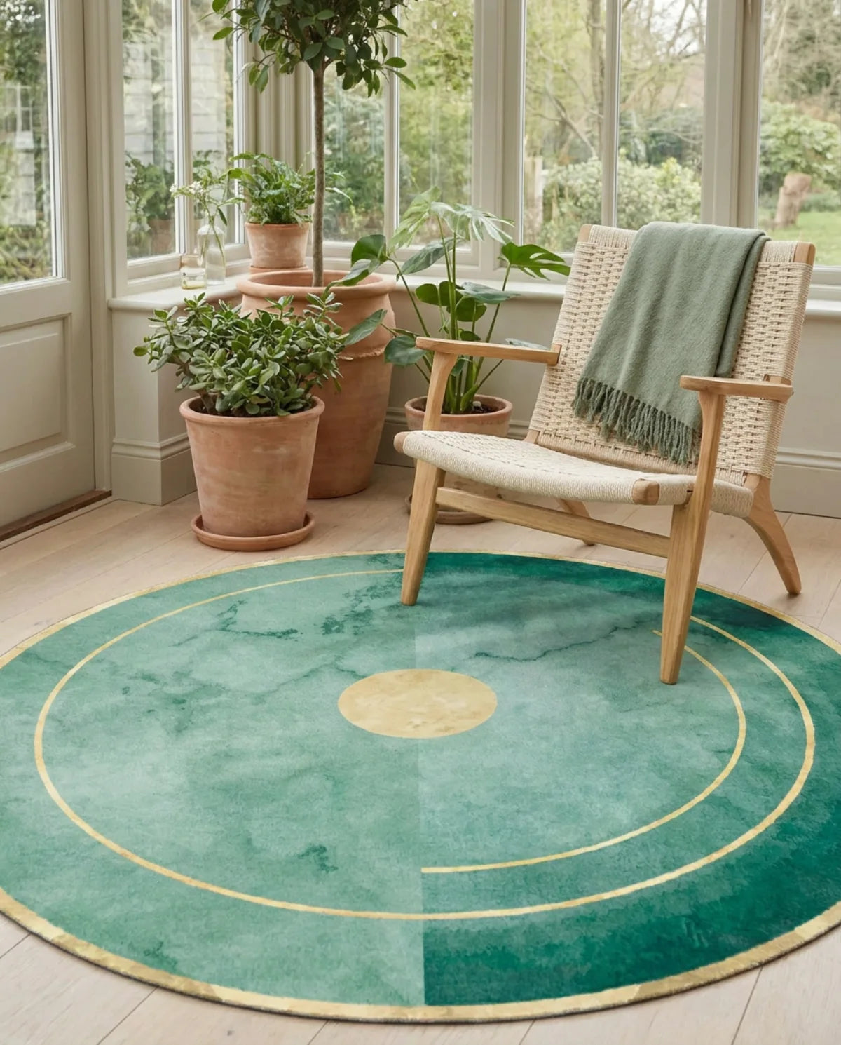 Tapis rond lavable en machine vert cercle doré sous un fauteuil en corde dans une véranda
