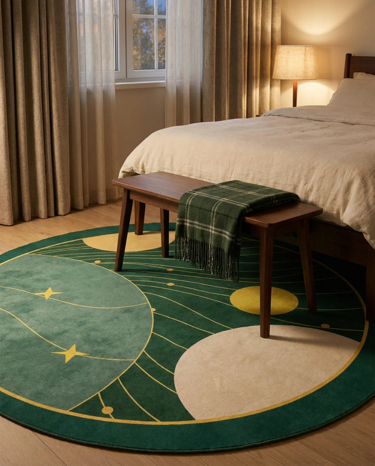 Tapis rond lavable en machine vert forêt lune dorée au pied d'un lit, chambre cocon