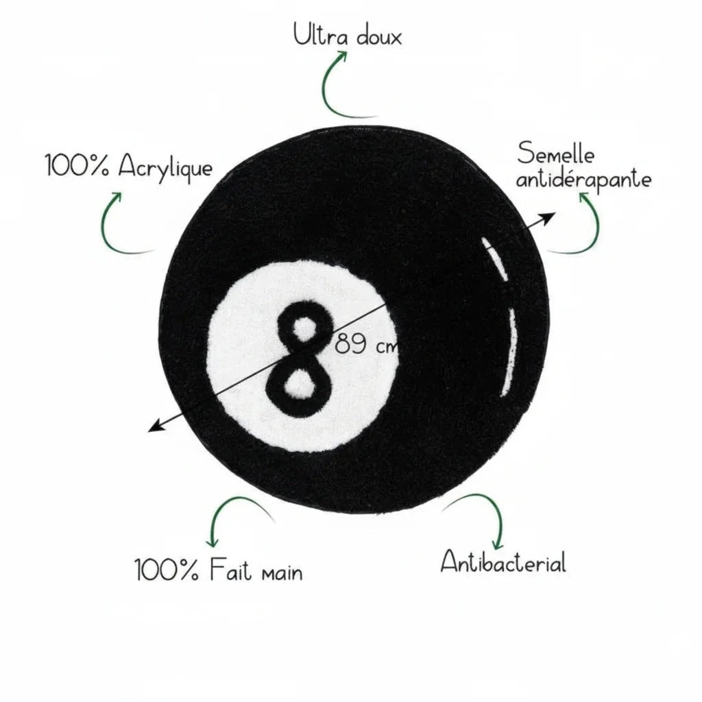 Détail tufting du tapis rond 8 ball, fibre acrylique douce