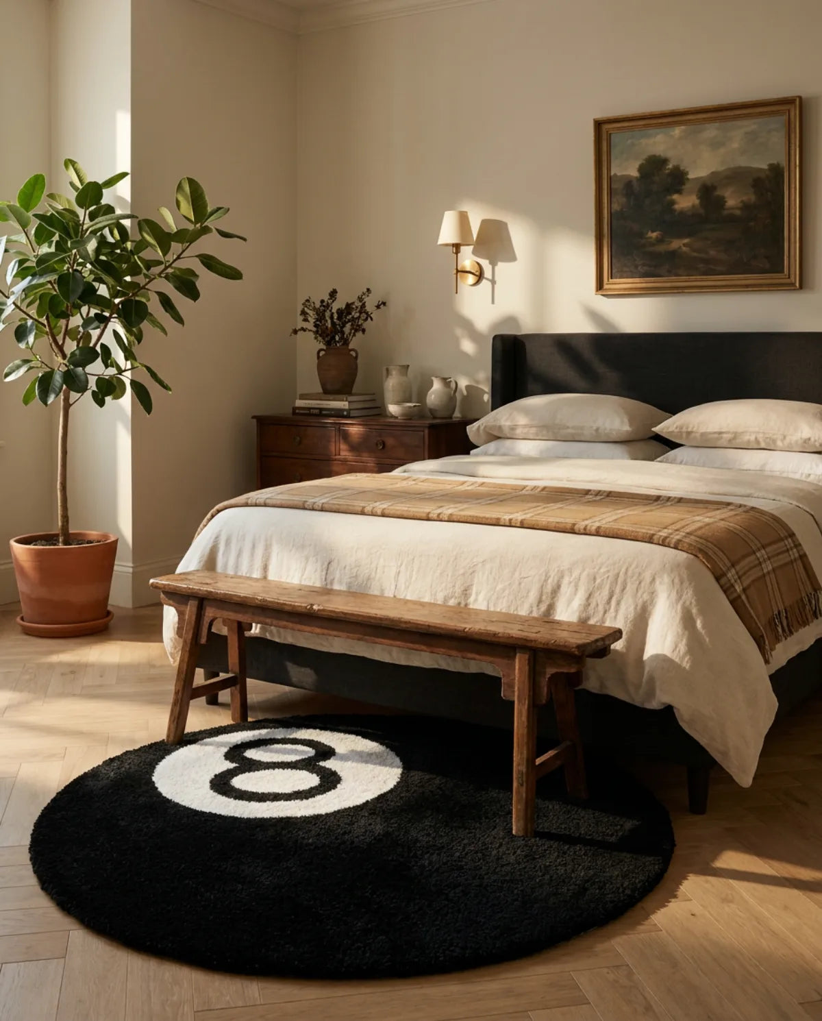 Tapis rond motif 8 ball dépassant sous le lit, banc en bois posé dessus