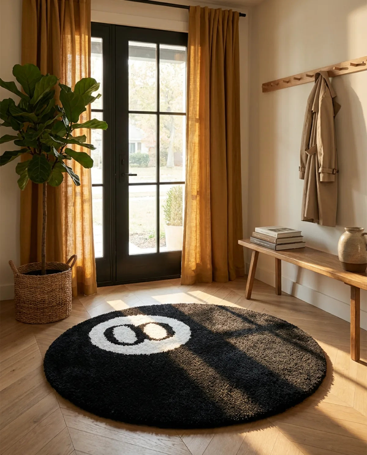 Tapis rond motif 8 ball dans une entrée au soleil, devant une porte vitrée