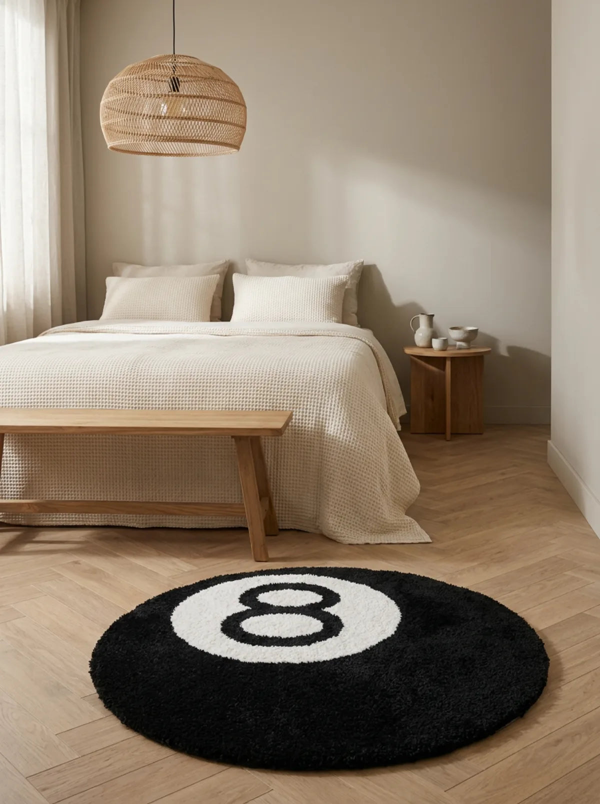 Tapis rond motif 8 ball dans une chambre lumineuse