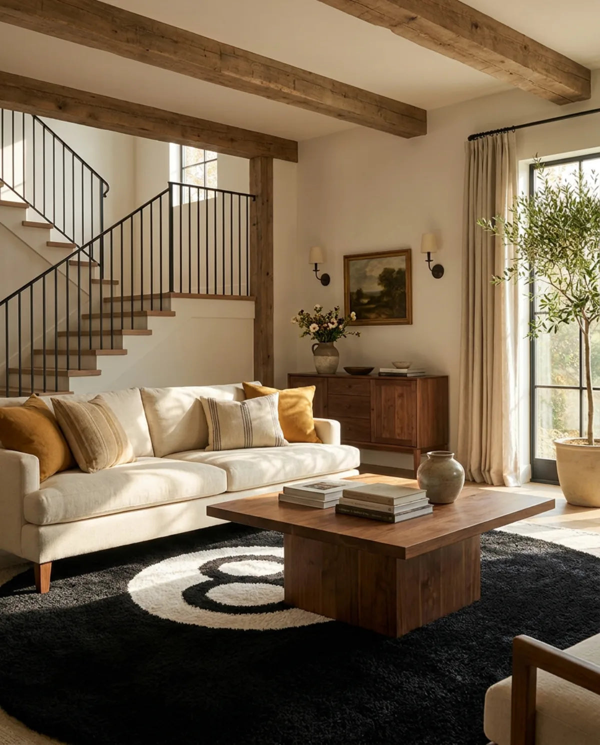 Tapis rond motif 8 ball sous une table basse en bois, dans un grand salon avec escalier