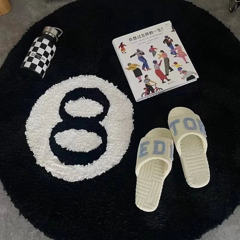 Tapis rond motif 8 ball billard noir et blanc vu de dessus