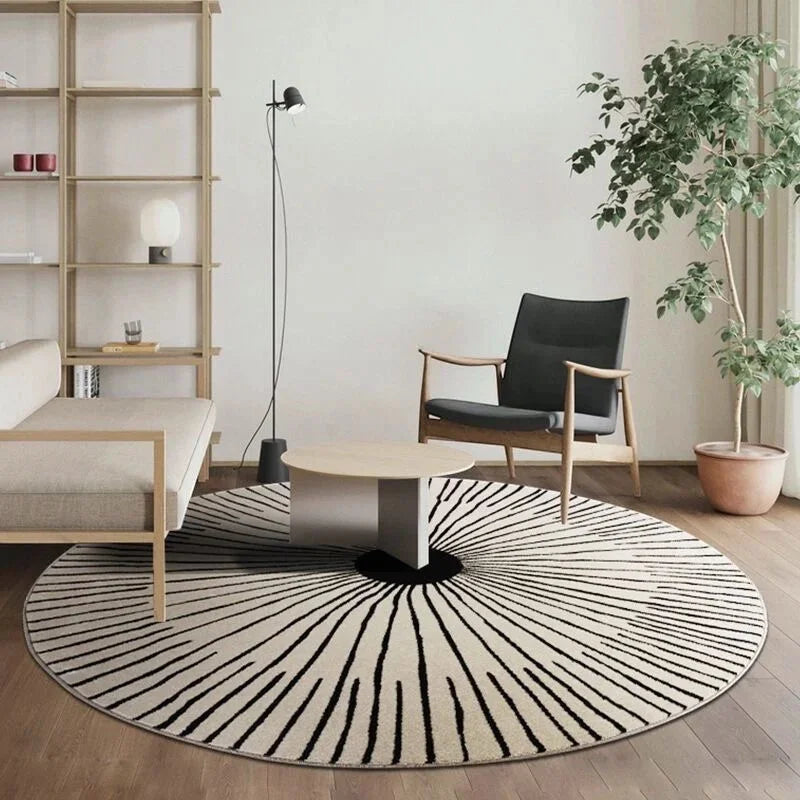 Détail des rayons noirs du tapis rond noir et blanc rayons soleil