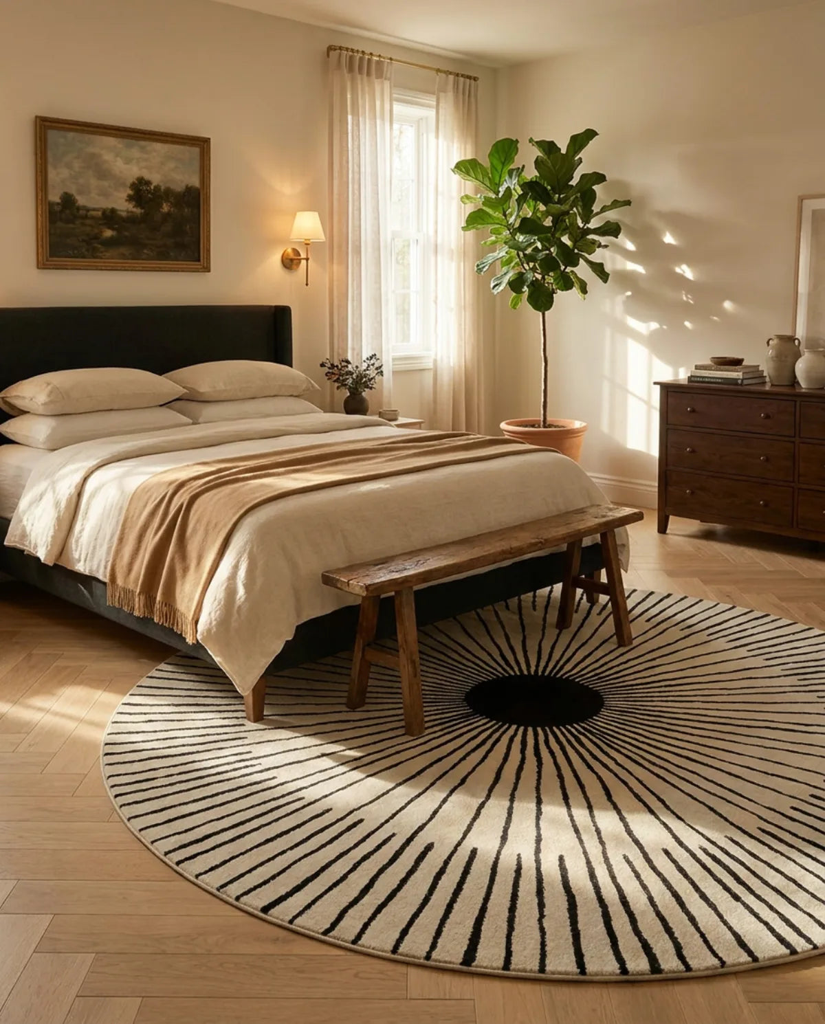 Tapis rond noir et blanc rayons soleil dépassant sous le lit, banc en bois posé dessus