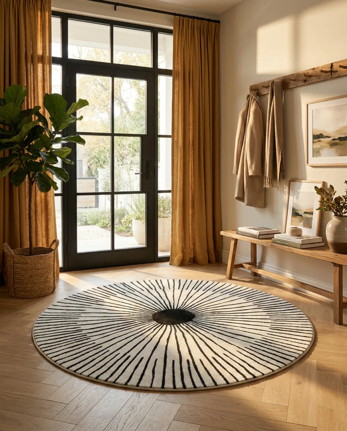 Tapis rond noir et blanc rayons soleil dans une entrée au soleil, devant une porte vitrée